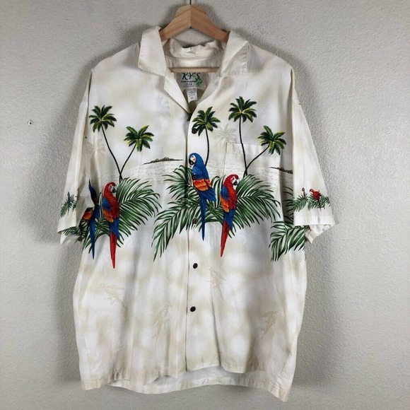 KYs Shirt White Tropical Print Button Up Collared Casual Vacation Mens X Large - Picture 10 of 11